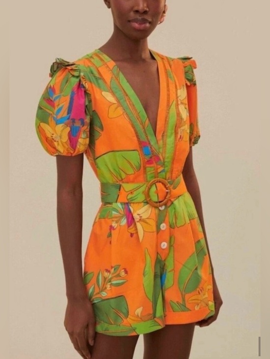FARM Rio Pants - FARM RIO Fresh Macaw Orange Romper Size Medium Belted V-Neck